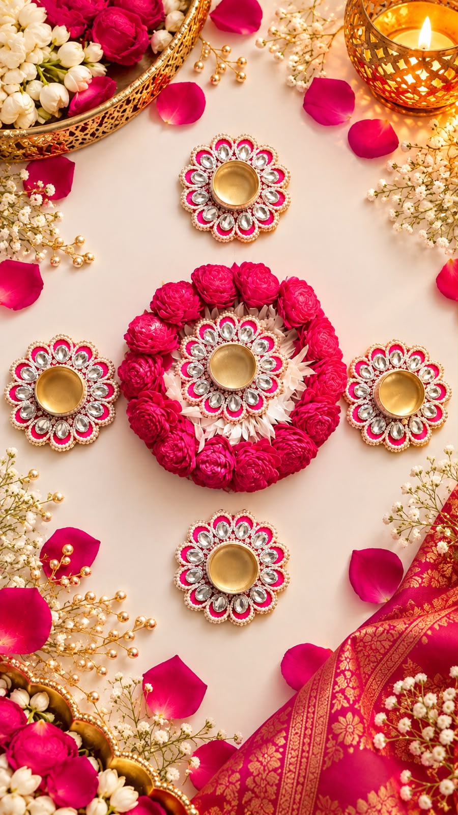 Sola Flower Rangoli with 4 set of T light size 8*Inch