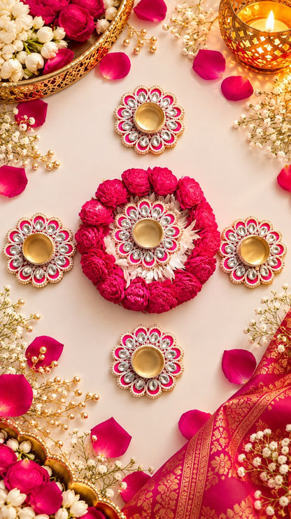 Sola Flower Rangoli with 4 set of T light size 8*Inch