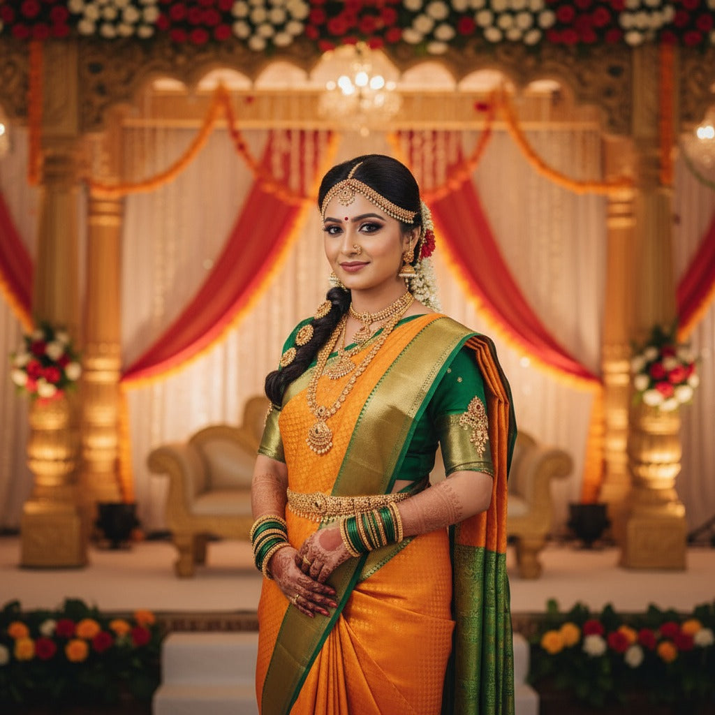 Handloom Kanchipuram Silk Bridal Saree – Silk Mark Certified, Grand Zari Pallu