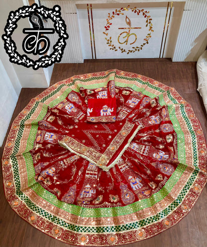 Royal Rajwadi 7 MTR Gher Designer Lehenga Poshak – Premium Georgette with Heavy Odhani & Gotta Work