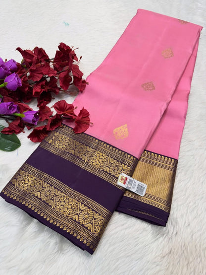 Baby Pink Kanchipuram Pure Silk Saree with Wine Border | Silk Mark Certified