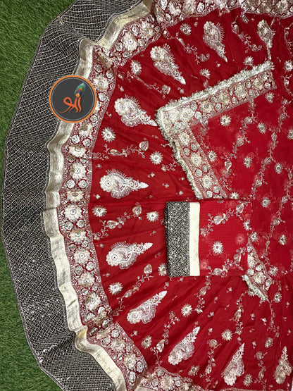 Designer 4.5 MTR Gher Rajwadi Lehenga Poshak – Velvet Border & Vintage Zari Work