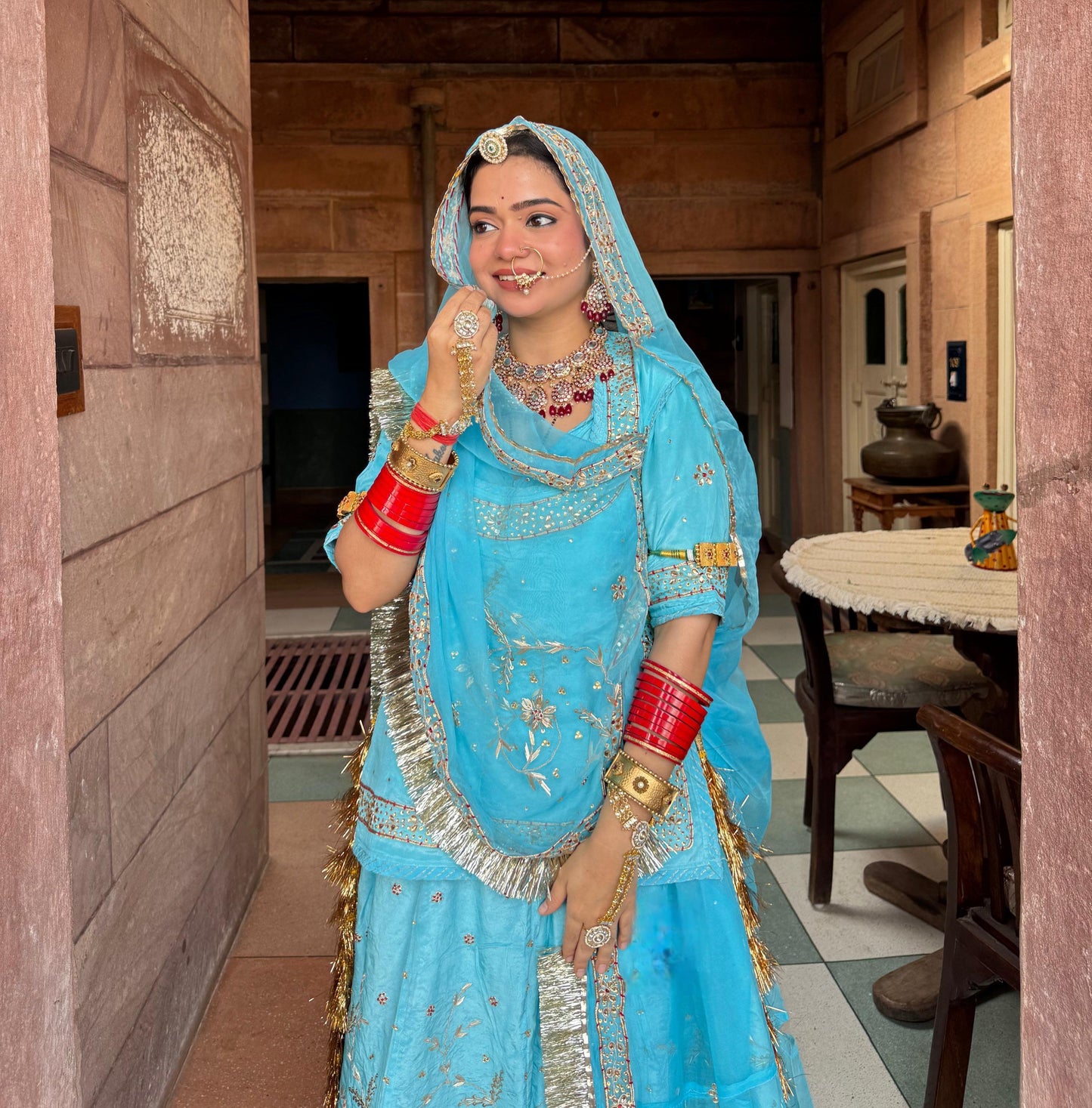 Bridal Zardozi Kundan Rajputi Poshak – Pure Hamrahi Odhni with Hand Dabka & Aari Work