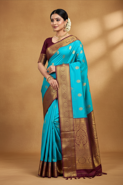 Gorgeous Blue & Wine Kanjivaram Pure Silk Saree with Peacock & Butta Work – Silk Mark Certified