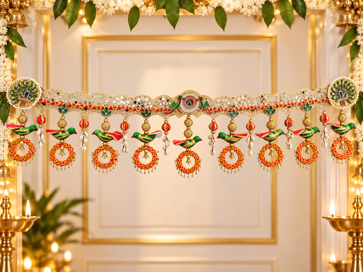 Royal Handcrafted Peacock Moli Thread Bandharwal | Mirror Work, Beads & Traditional Decorative Hangings   CODE:HPK