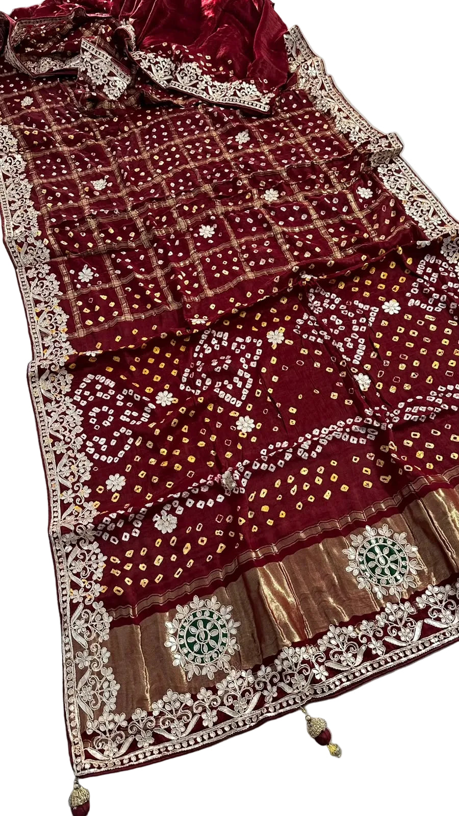 Pure Modal Gajji silk Gotta Patti Zari work Traditional Red & Maroon     Ghatchola saree