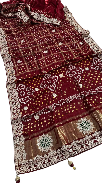 Pure Modal Gajji silk Gotta Patti Zari work Traditional Red & Maroon     Ghatchola saree