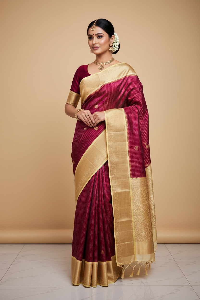 Pure Kanjivaram Silk Saree with Fancy Gap Border – Kanjipuram Silk Mark Certified