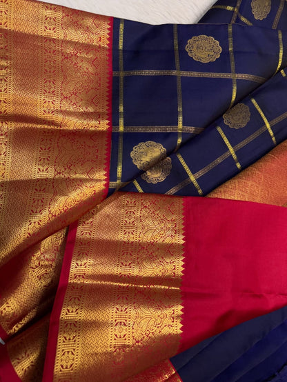 Blue Red Checks Pure Kanjivaram Silk Saree | Handwoven Silk Mark Certified