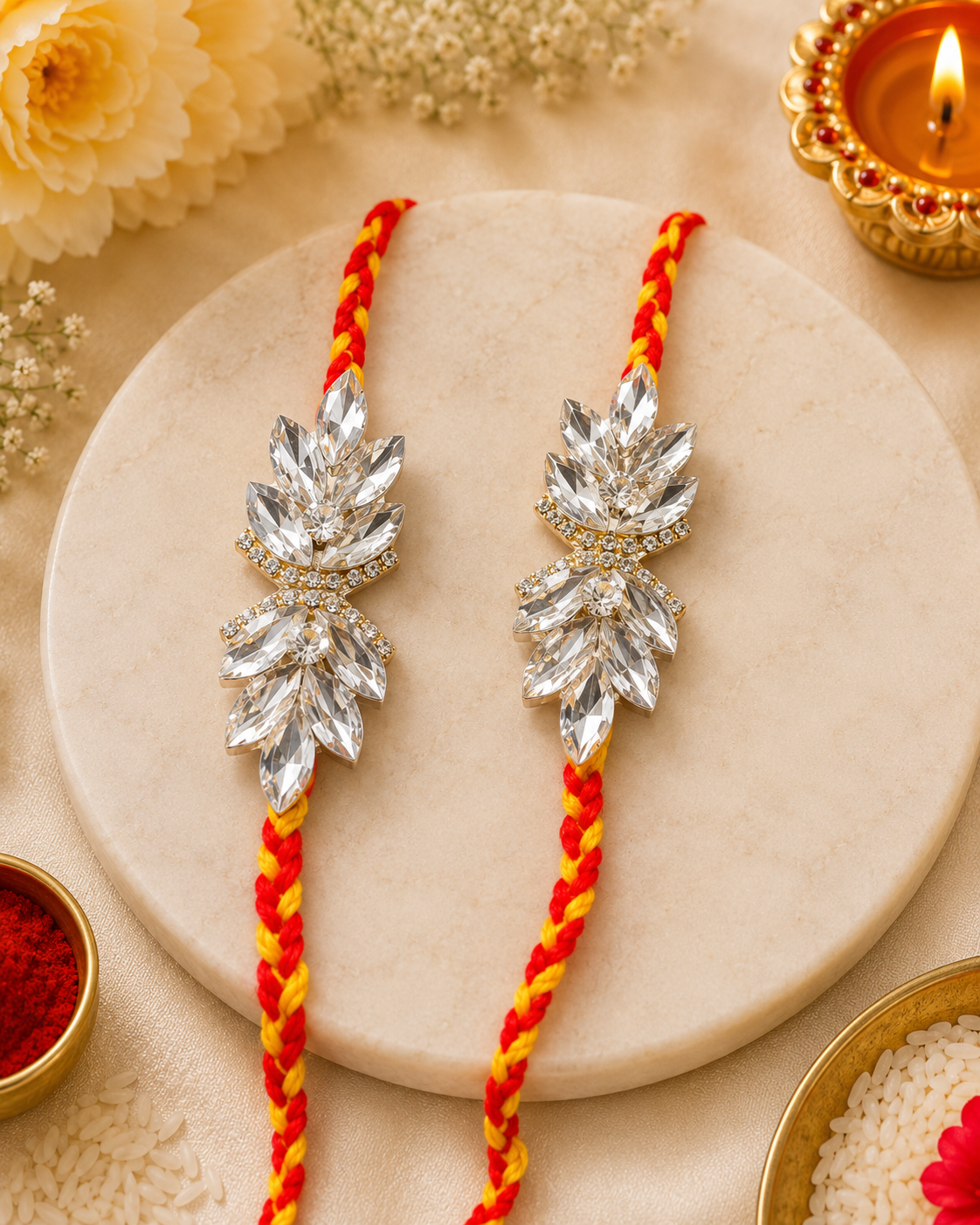 Elegant diamond stone work moli kalawa rakhi pack of 1