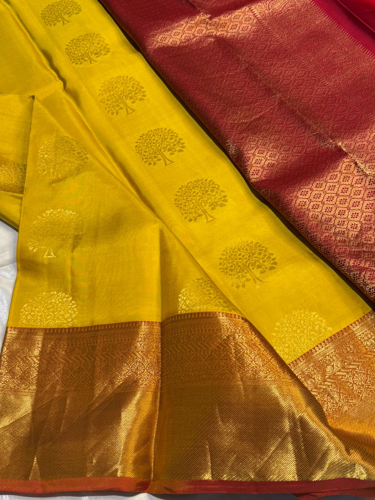 Yellow Red Pure Kanchipuram Silk Saree with Golden Tree Design – Silk Mark Certified