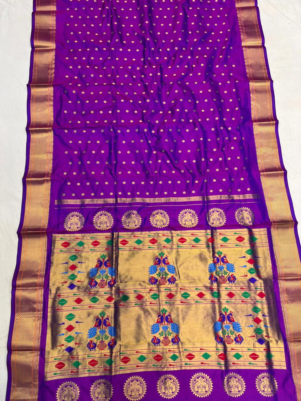 Pure Silk Handwoven Paithani Saree – Kalanjali All Over Butta with Contrast Blouse