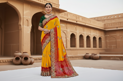 Traditional Handwork Chunri Pilla – Bandhani Georgette Saree with Heavy Embroidery Border