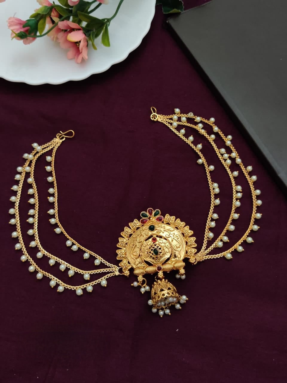 Antique Gold Hair Brooch with Chain – Bridal Juda Pin 3 Layer Hair Accessory for Wedding & Festive Wear