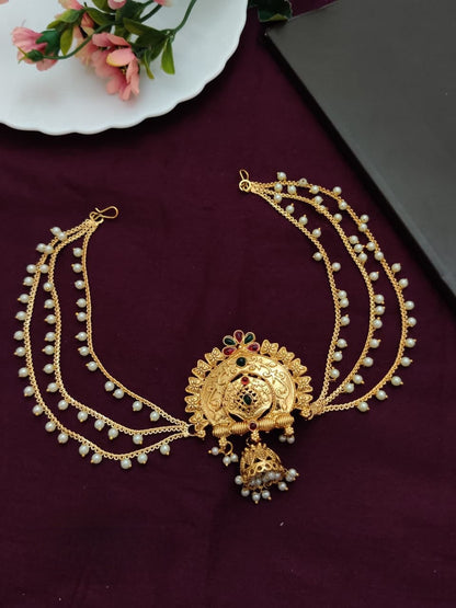 Antique Gold Hair Brooch with Chain – Bridal Juda Pin 3 Layer Hair Accessory for Wedding & Festive Wear