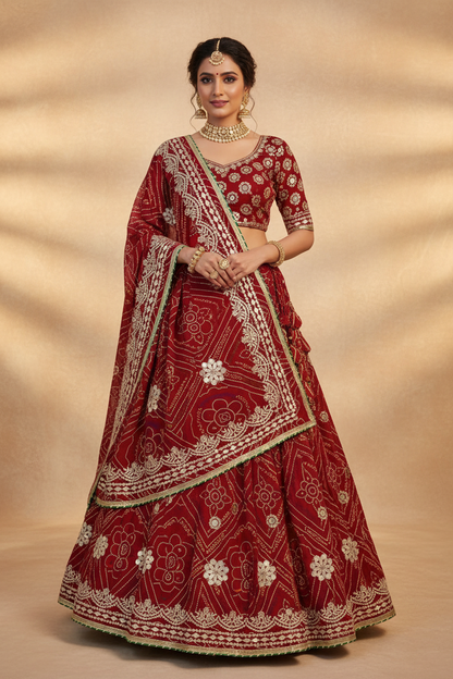 Chunari Print Lehenga Set with Dupatta & Free Purse – Moss Fabric Bandhej Lehenga with Gotta Patti Work