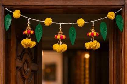 White Moti Marigold fluffy flowers garland bell 🔔 mango leaf with ganpati handcrafted Bandarwal/Toran   37*inch