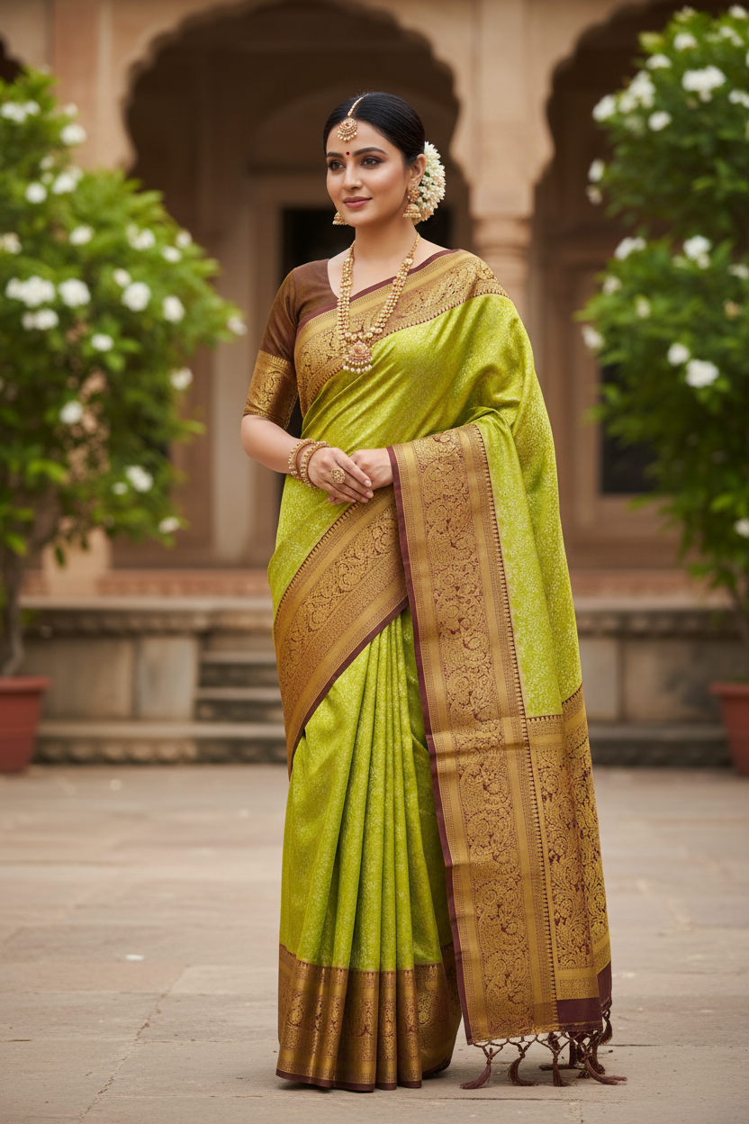 Mint Golden Pure Kanchipuram Silk Saree – Silk Mark Certified Handwoven Saree