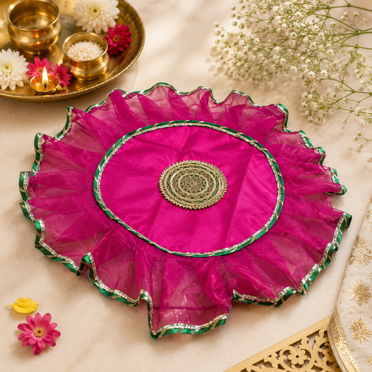 Beautiful Handcrafted Gota Work Thalposh / Pooja Thali Cover            Colour Pink   Yellow