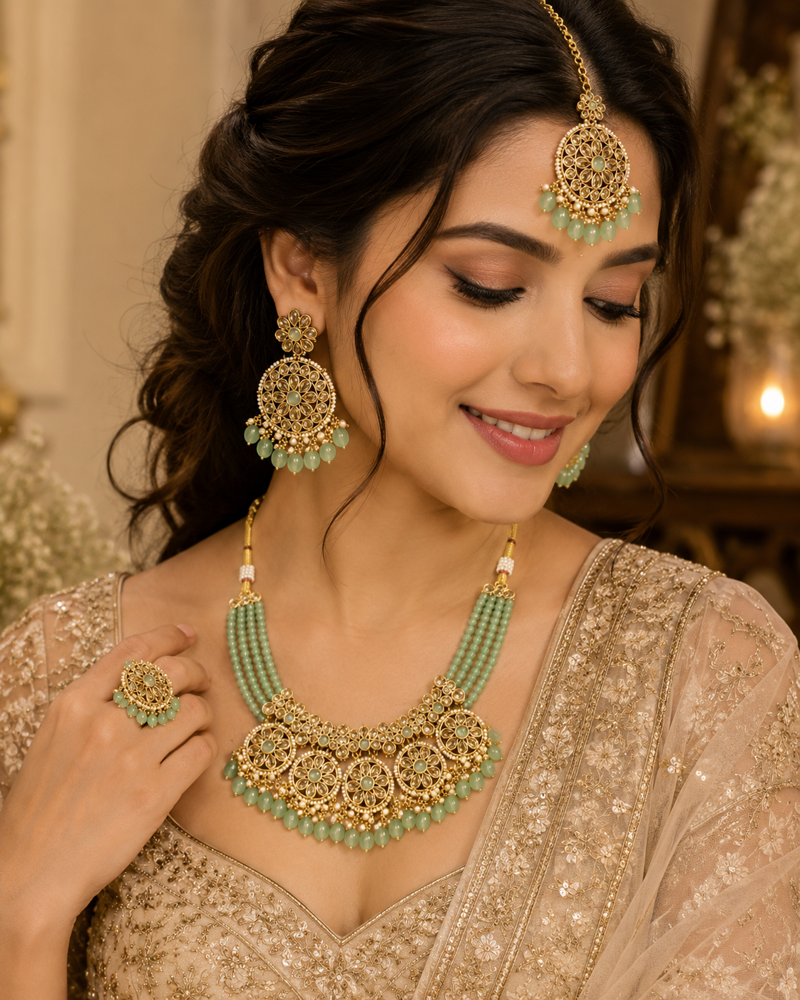 Mint Green Kundan Necklace Set with Beads – Pastel Bridal & Festive Jewelry Set