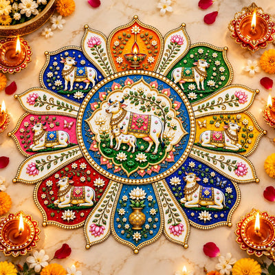 Handcrafted Traditional pichwai Indian Art MDF Rangoli – 12 Inch Decorative Floral Rangoli