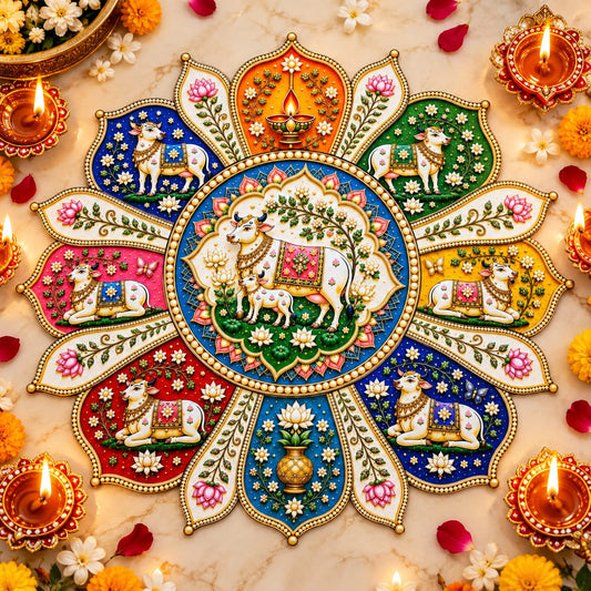 Handcrafted Traditional pichwai Indian Art MDF Rangoli – 12 Inch Decorative Floral Rangoli