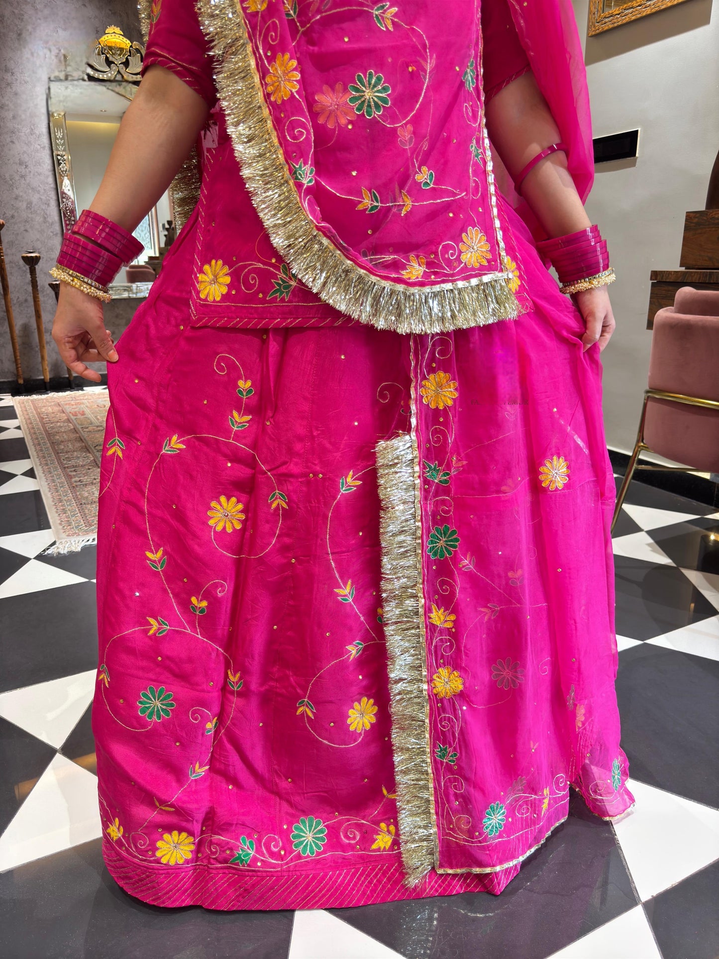 Rani Pink Upada Silk Rajputi Poshak – Hand Painted Aari Work Designer Lehenga with Heavy Odhani