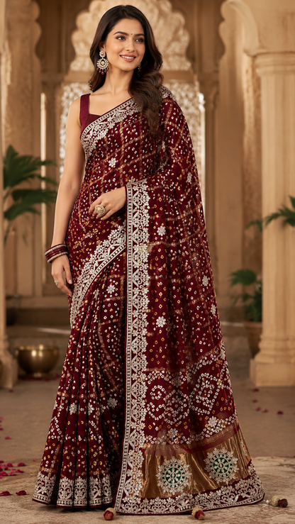 Pure Modal Gajji silk Gotta Patti Zari work Traditional Red & Maroon     Ghatchola saree