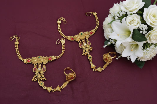 Royal Antique Gold Hathphool with Red Green Stones – Bridal Hand Bracelet