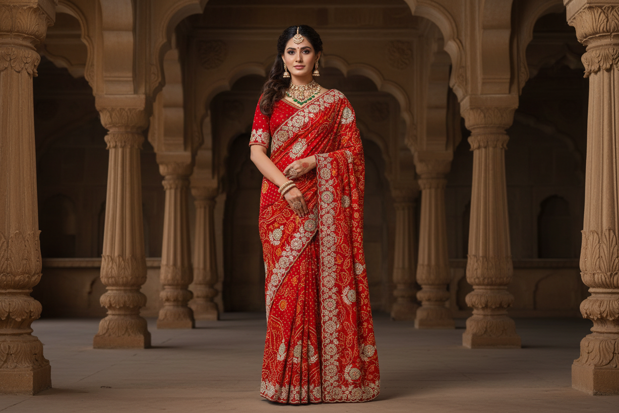 Rajasthani Jamnagri Chunri Saree – Resham, Dabka, Cutdana & Gota Patti Handwork