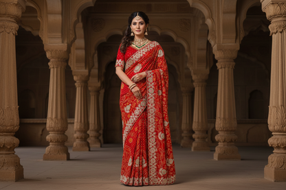Rajasthani Jamnagri Chunri Saree – Resham, Dabka, Cutdana & Gota Patti Handwork
