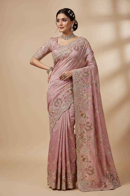 Elegant Tissue Silk Wedding Saree with Heavy Zardozi Handwork – Designer Boutique Saree