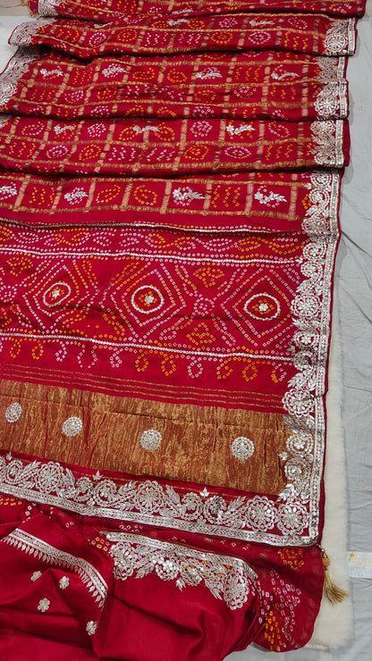Pure Modal Gajji Silk Bandhej Saree with Heavy Zero Gota Patti Handwork