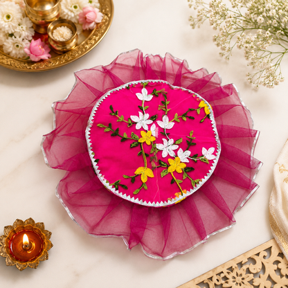 Hand Embroidered Designer Thalposh (20 Inch Round) | Decorative Puja Thali Cover for Festive Decor, Wedding & Gifting
