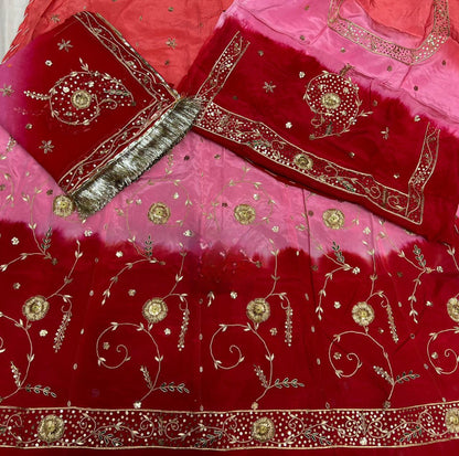 Designer 3-Shade Rajasthani Poshak in Natural Fabric – Zardozi, Dabka & Full Hand Aari Work