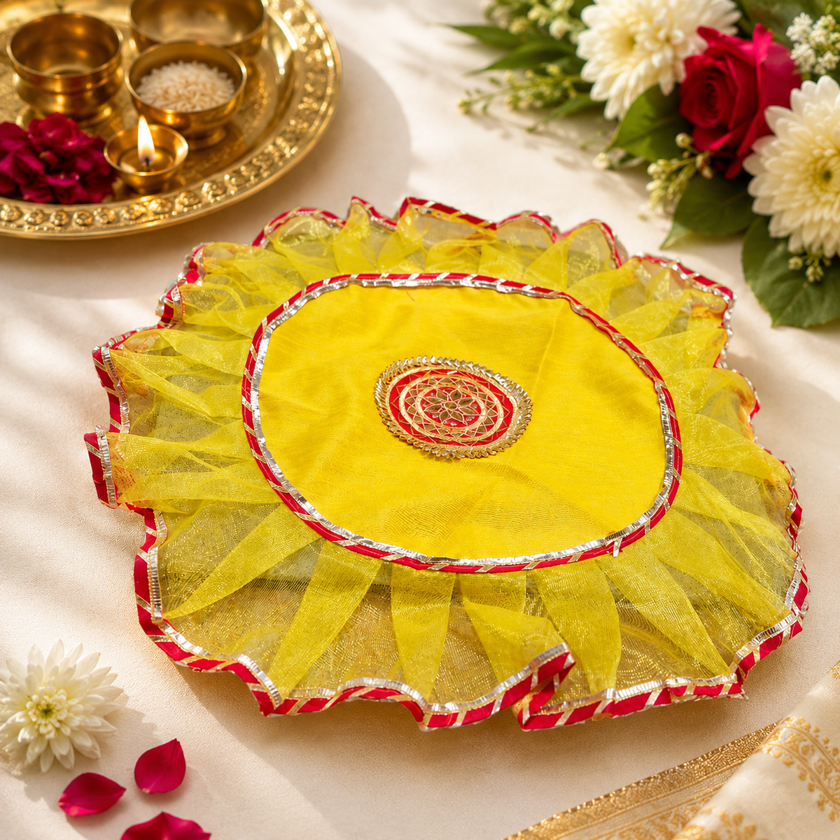 Beautiful Handcrafted Gota Work Thalposh / Pooja Thali Cover            Colour Pink   Yellow