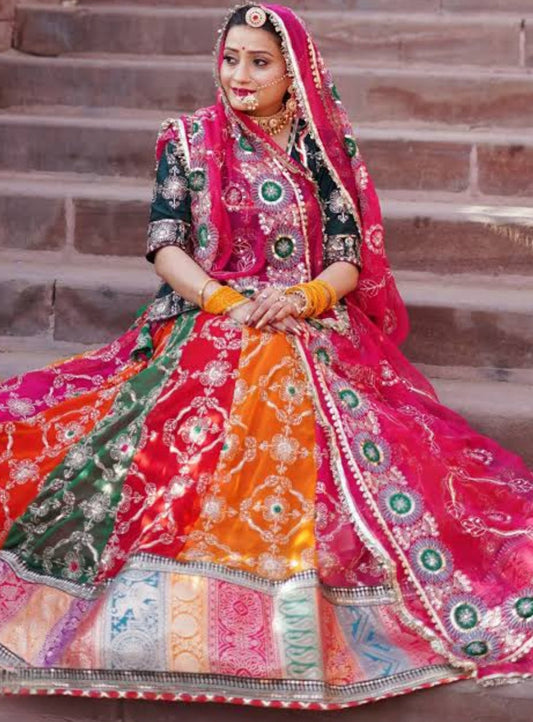 Designer Multicolour Rajwadi Lehenga Poshak – 4 MTR Gher with Pure Odhni & Heavy Border Work