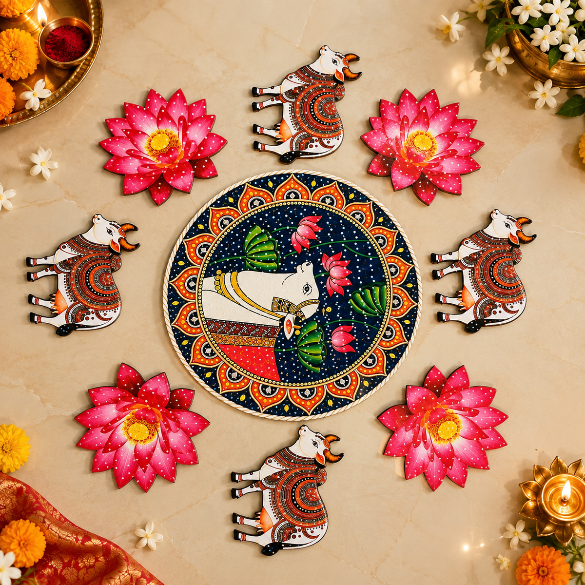 Pichwai Lotus Beautiful combination MDF Rangoli set