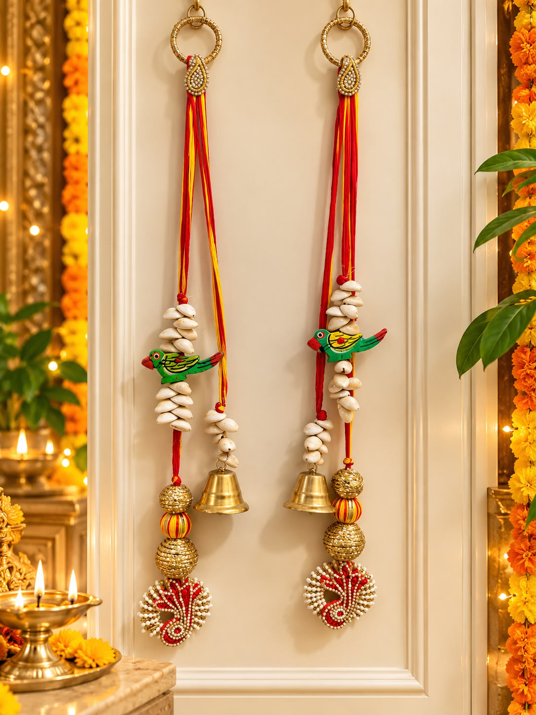 Auspicious Kaudi Shells Parrot & Bell work beautiful handcrafted Hanging pair  CODE:HPK
