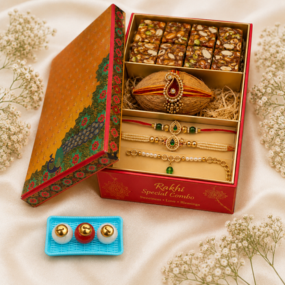 Premium Raksha Bandhan Rakhi Gift Box | Bhaiya Bhabhi Rakhi Combo with Khajoor Pak, Designer Nariyal & Roli Chawal Platter