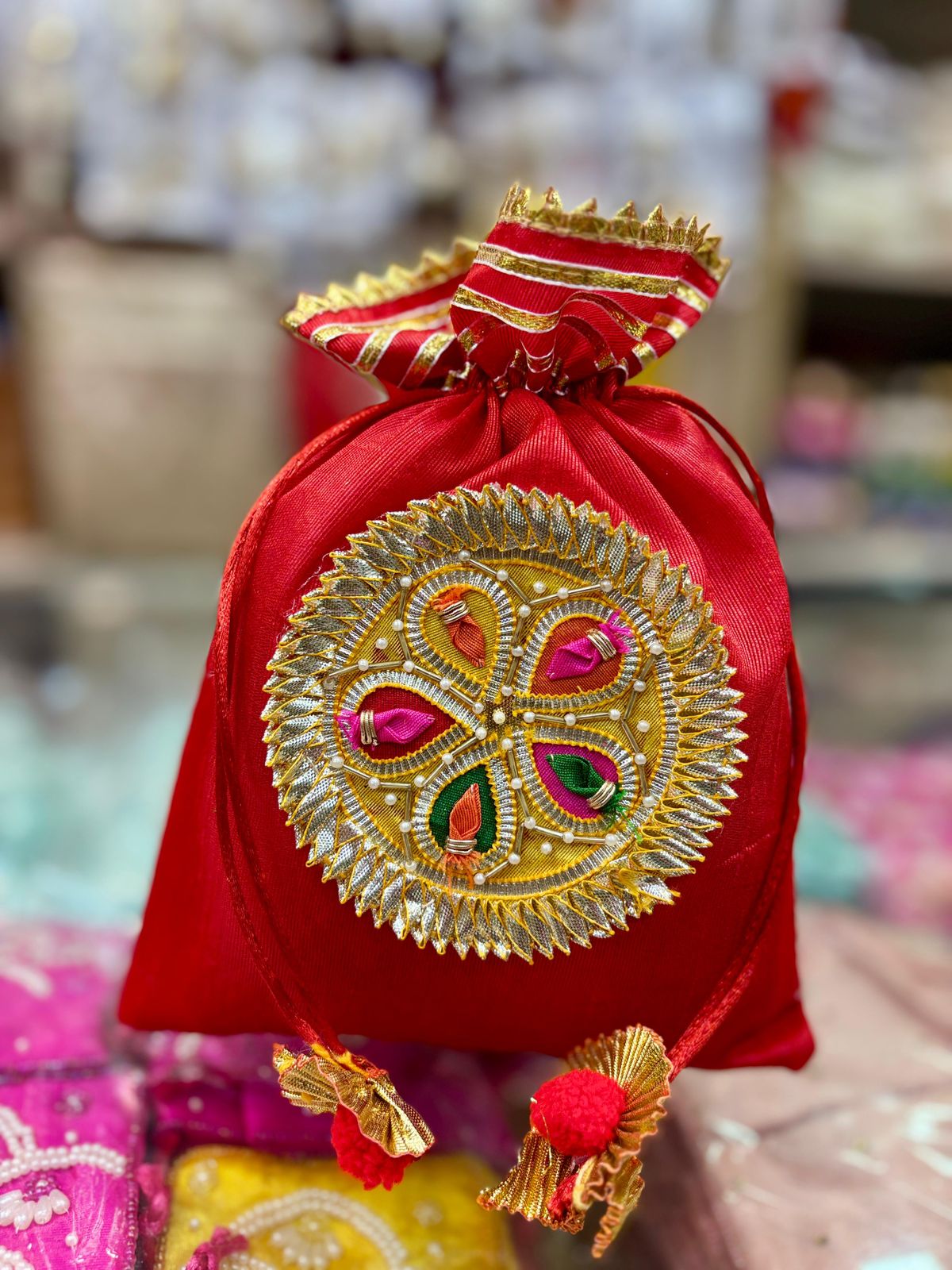 Dupion Silk Handcrafted Sagun Potli Bags – Beautiful Handwork Gift Pouches (Pack of 6, Size 7x9 Inch)