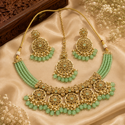 Mint Green Kundan Necklace Set with Beads – Pastel Bridal & Festive Jewelry Set
