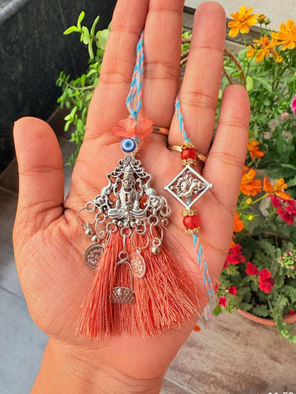 Handmade Lakshmi Ganesha Rakhi for Brother with Designer Tassel Lumba Rakhi for Bhabhi