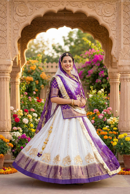 Rajwadi Tissue Organza Rajasthani Poshak – 4 Mtr Gher with Banarasi Border & Copper Sequin Work