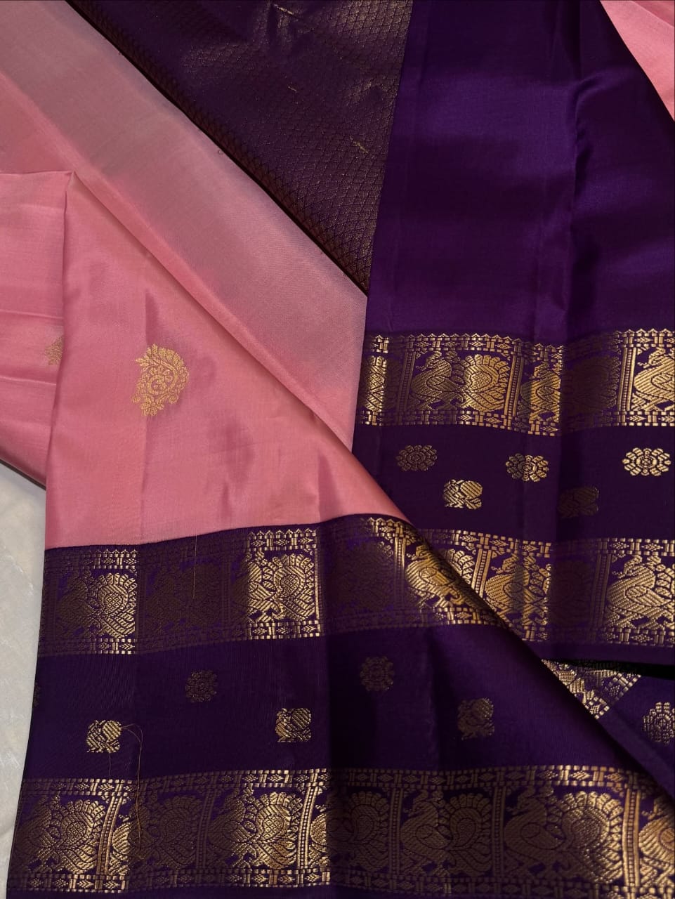 Pink & Wine Pure Kanjipuram Silk Saree with Golden Work – Silk Mark Certified