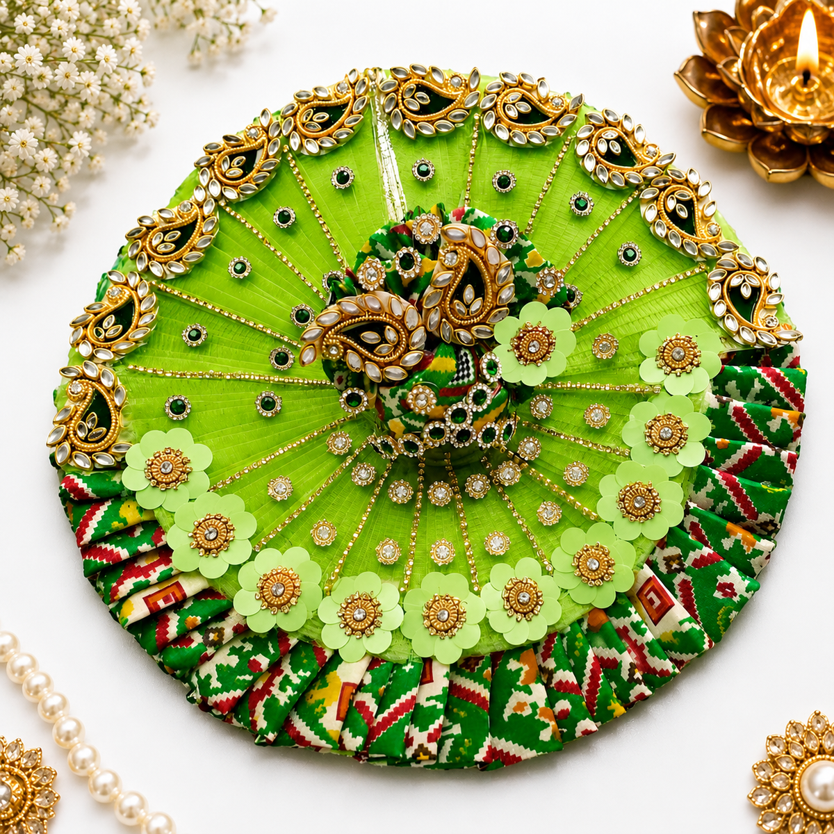 Tyohar pecial al handcrafted peacock 🦚 green heavy patola designer ladoo Gopalji Poshak with pagri 🌹