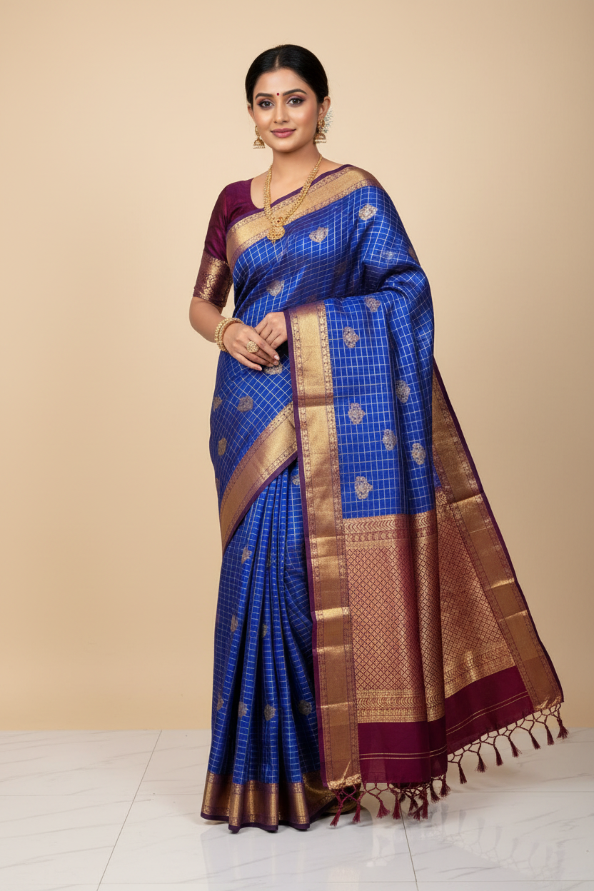 Pure Kanjivaram Silk Saree with Fancy Gap Border – Kanjipuram Silk Mark Certified