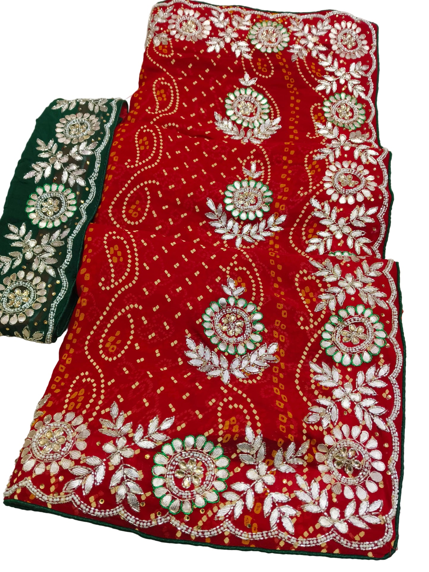 Rajasthani Jamnagri Chunri Saree – Resham, Dabka, Cutdana & Gota Patti Handwork