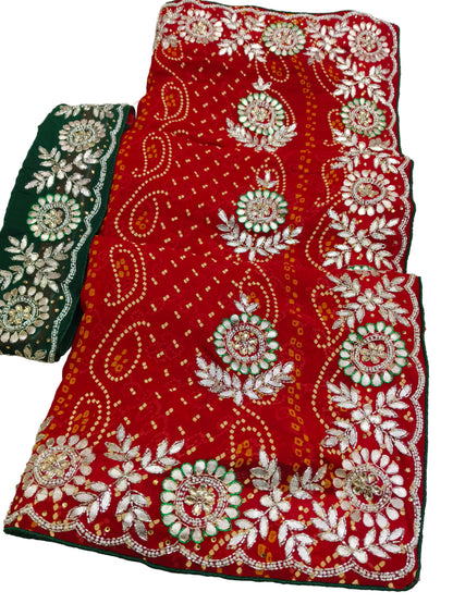 Rajasthani Jamnagri Chunri Saree – Resham, Dabka, Cutdana & Gota Patti Handwork