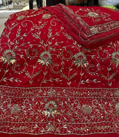 Bridal Bember Satin Poshak with Pure Thakurji Odhna | Heavy Jardoji & Dabka Handwork